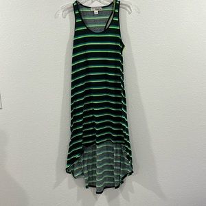 EUC L high low midi racerback neon blue and green striped black sun dress